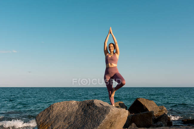 Спокойная женщина, стоящая во Врксасасане, смотрит в сторону и практикует йогу на камне на пляже у моря — стоковое фото