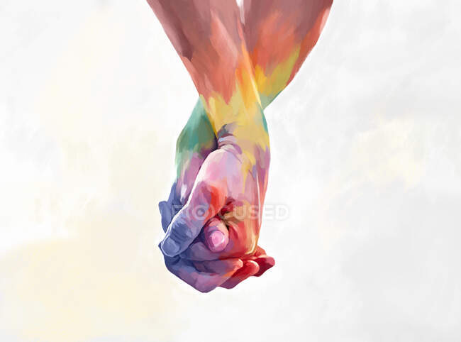 Ilustração de mãos coloridas anônimas de casal segurando uns aos outros representando lgtb movimento direito — Fotografia de Stock