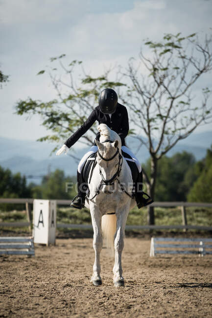 Jockey féminin méconnaissable chevauchant un cheval blanc sur une arène sablonneuse pendant le dressage dans un club équin — Photo de stock