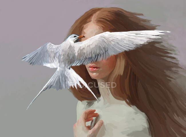 Ilustración pintada de pájaro blanco despreocupado volando frente a tierna hembra sobre fondo gris - foto de stock