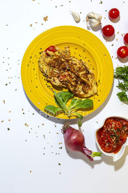 Deliciosa omelete com salsa picada na placa contra o sol tomates secos e cebola vermelha crua no fundo branco — Fotografia de Stock