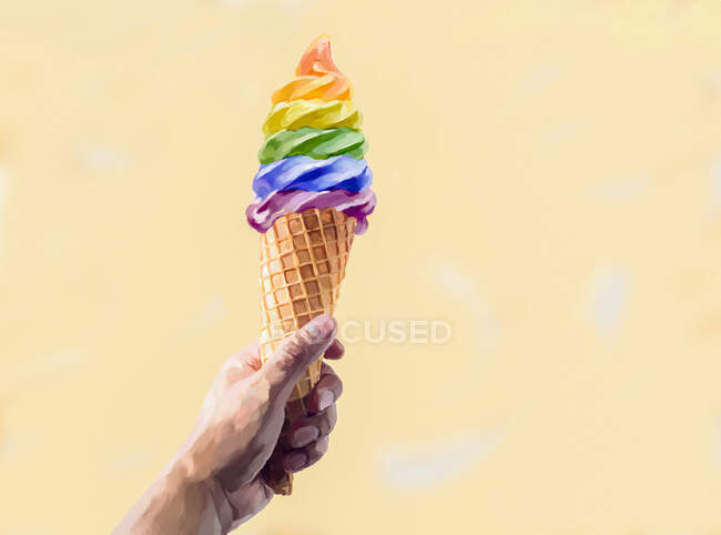 Illustration of colorful person hands painting holding colorful ice cream representing lgtbq movement — Stock Photo