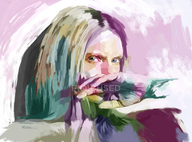 Colorida ilustración pintada de mujer preocupada con ojos tristes cubriendo la boca con la mano - foto de stock