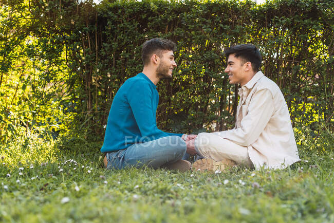 Вид збоку на чудову гомосексуальну пару чоловіків, які дивляться один на одного в парку — стокове фото