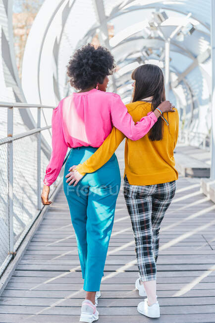 Back view of anonymous multiracial couple of homosexual females holding hands and walking along bridge in city during summer stroll — Stock Photo