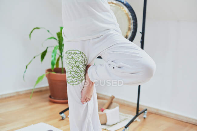 Cosecha femenina de pie en Vrksasana pose mientras practica yoga sobre alfombra suave en la habitación de la casa - foto de stock