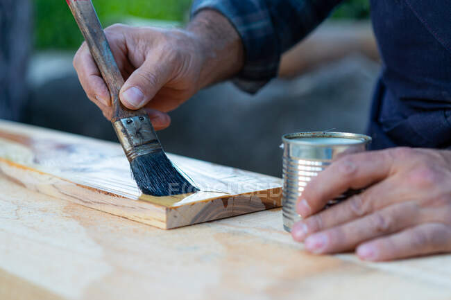 Обрізати анонімних теслярів з пензлем нанесення лаку на дерев'яну дошку під час роботи в професійній деревообробній майстерні — стокове фото