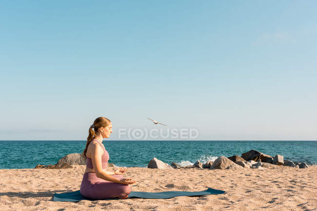 Vista lateral de una hembra serena sentada en Padmasana y haciendo yoga mientras medita con los ojos cerrados en la orilla del mar arenosa - foto de stock