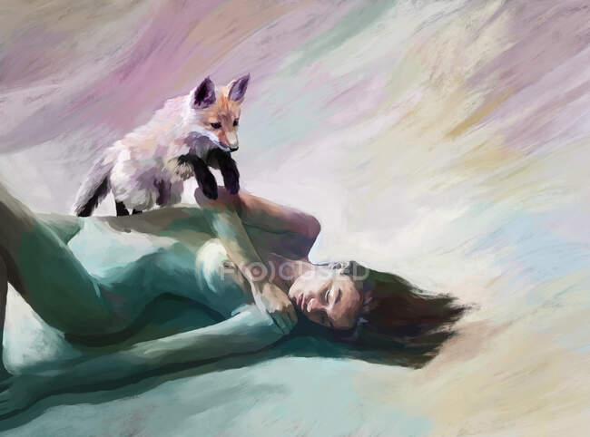 Розфарбована ілюстрація пухнастої лисиці, що стрибає над ніжним оголеною жінкою, що лежить на землі — стокове фото