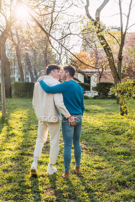 Back view of loving LGBT couple of males hugging and kissing in park on sunny day — Stock Photo