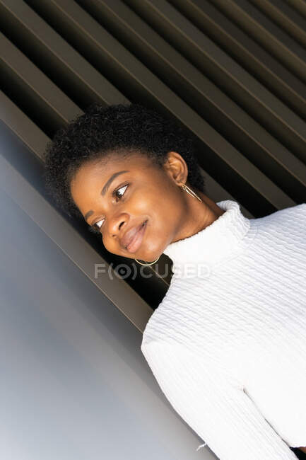 Стильна молода чорна жінка в комбінованому светрі, дивлячись далеко, стоячи біля смугастої будівельної стіни в місті — стокове фото