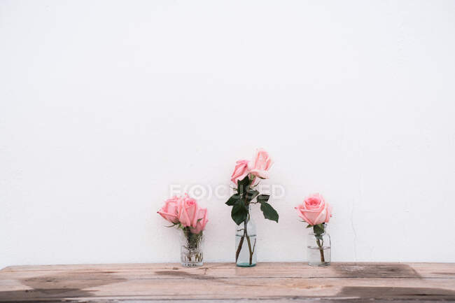 Roses roses à l'intérieur de vases en verre placés sur une surface en bois sur fond neutre — Photo de stock
