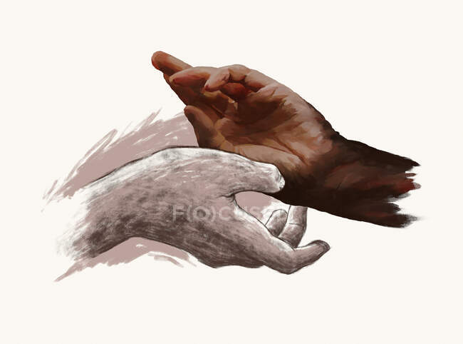 Painted illustration of crop multiethnic gentle couple touching hands with love on beige background — Stock Photo