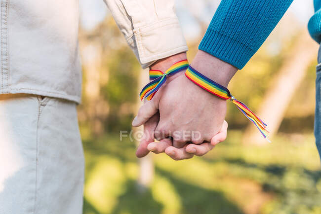 Cortar irreconhecível gay casal de machos vestindo arco-íris LGBT pulseiras de mãos dadas no parque no dia ensolarado — Fotografia de Stock