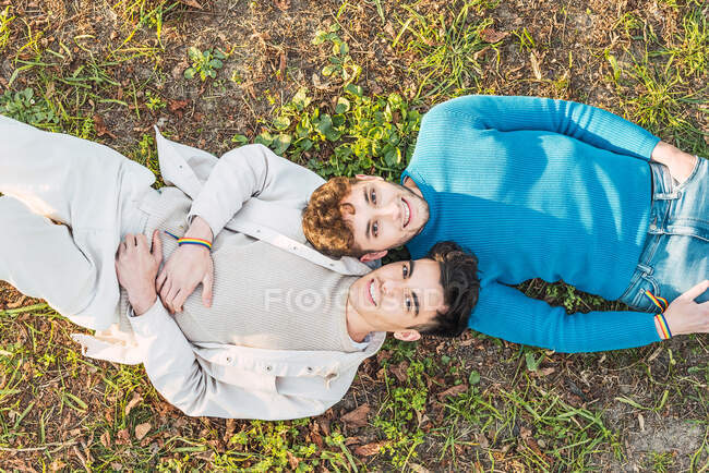 Вид сверху на восторженную пару мужчин LBGT, лежащих лицом к лицу на траве в парке и смотрящих в камеру — стоковое фото