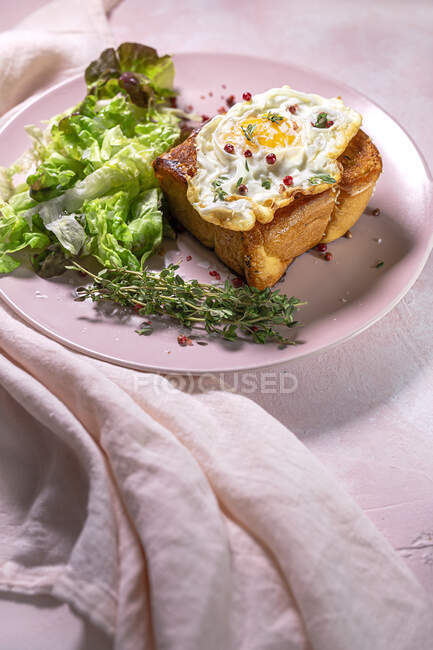 High angle of fried egg on brioche served on plate with fresh lettuce for appetizing breakfast on pink background — Stock Photo