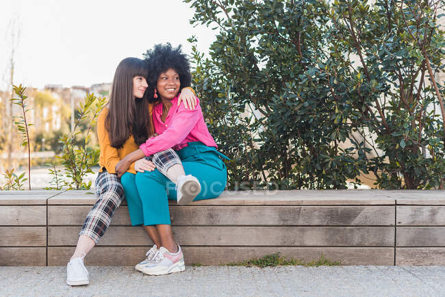 Sonriente pareja multirracial de mujeres lesbianas abrazándose mientras están sentadas juntas en un banco de madera en la calle y mirando hacia otro lado - foto de stock