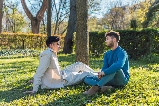 Seitenansicht eines lächelnden Paares homosexueller Männer, die auf dem Rasen im Park sitzen und den sonnigen Tag genießen, während sie einander anschauen — Stockfoto
