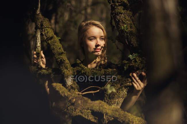 Retrato de jovem bela mulher loira em uma floresta, iluminação dramática em seu rosto — Fotografia de Stock