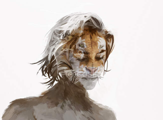 Painted illustration of serene female with face of wild lion on white background — Stock Photo