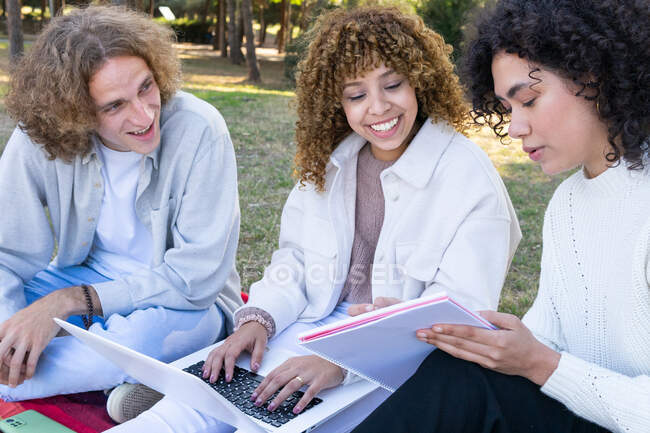 Homem e mulheres multiétnicos com cabelos encaracolados sentados no gramado no parque usando laptop e compartilhando notepad — Fotografia de Stock