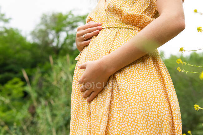 Side view of crop anonymous pregnant female in summer dress touching tummy while standing in field in countryside — Stock Photo
