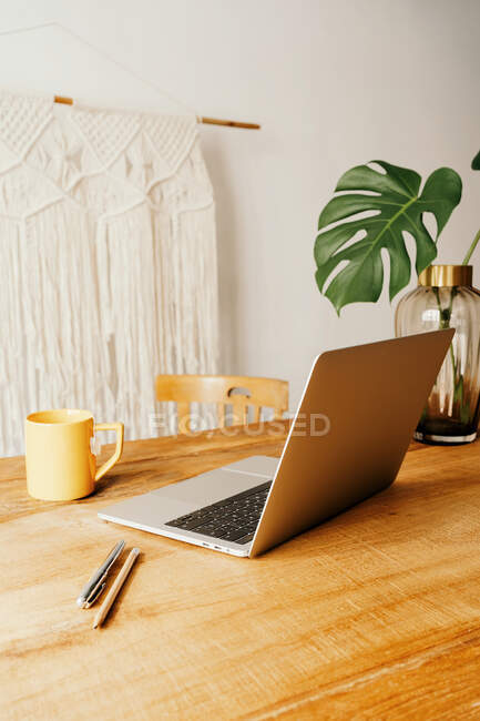 Portátil y smartphone en mesa de madera con taza de té y jarrón de vidrio con plantas verdes contra pared blanca - foto de stock