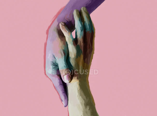 Ilustración creativa pintada de tierna pareja amorosa cogida de la mano sobre fondo rosa - foto de stock