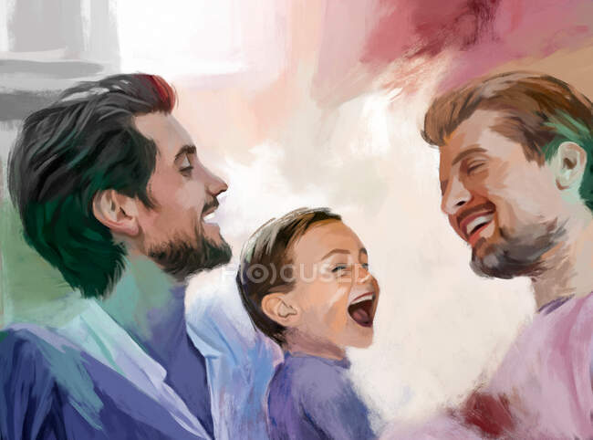 Ilustración de colorida pintura de alegre familia representando pareja gay con hijo - foto de stock