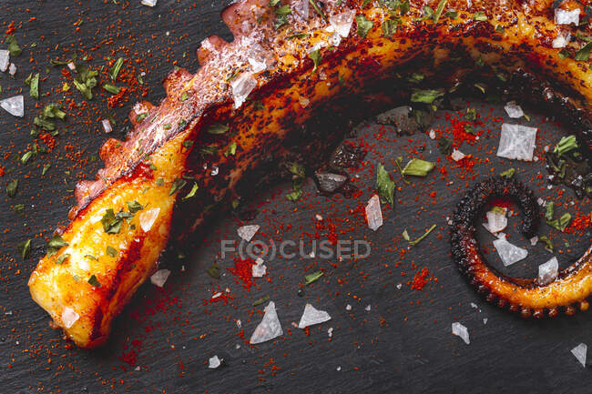 From above delicious grilled octopus tentacle served with spices on wooden board — Stock Photo