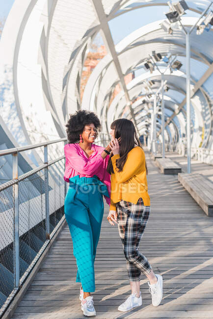 Feliz pareja multiétnica LGBT de mujeres cogidas de la mano mientras están de pie en el puente en la ciudad en un día soleado y mirándose mutuamente - foto de stock