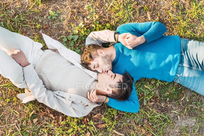Вгорі відкривається вид на захоплених ЛБГТ-парі чоловіків, які лежать обличчям до обличчя на траві в парку і цілуються — стокове фото