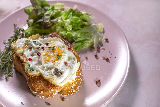 High angle of fried egg on brioche served on plate with fresh lettuce for appetizing breakfast on pink background — Stock Photo