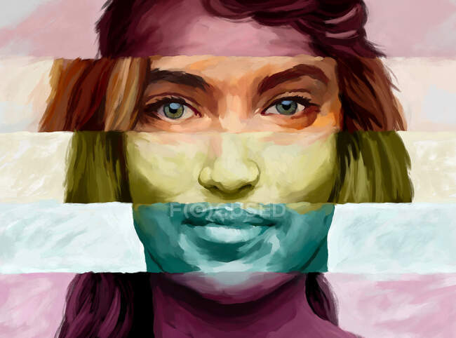 Ілюстрація барвистої жінки, яка дивиться на камеру, що представляє рух lgtb — стокове фото