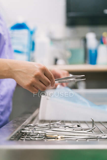 Побічний вигляд врожаю невизначений ветеринарний лікар з металевими пінцетами в руці готує інструменти для хірургічного втручання у ветеринарній лікарні — стокове фото