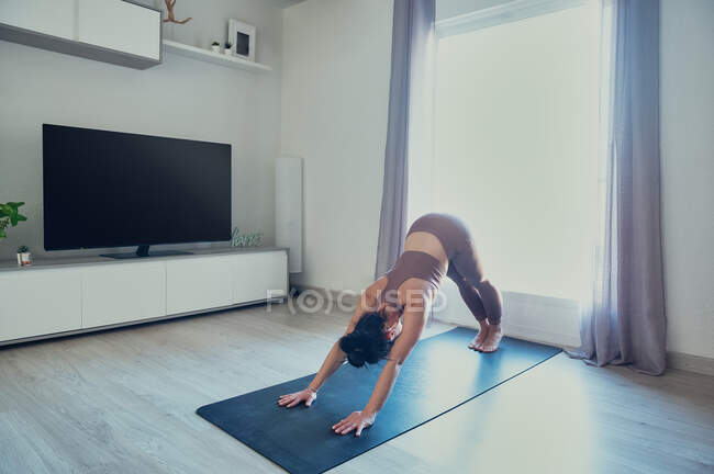 Mujer anónima en ropa deportiva de pie en Adho Mukha Svanasana posan mientras practican yoga en casa a la luz del sol - foto de stock