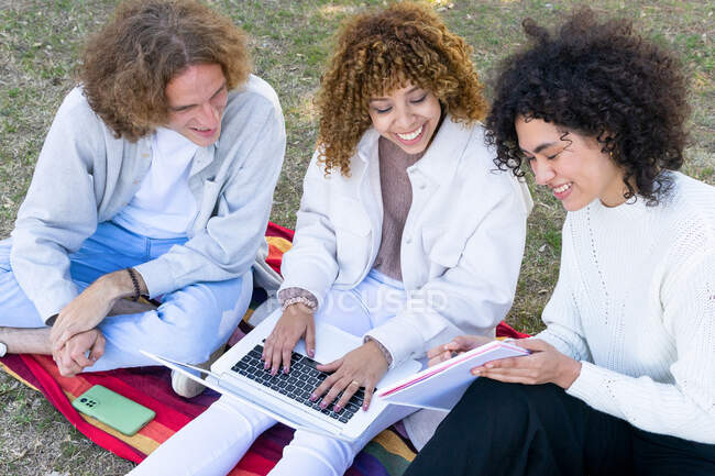 High angle of multiethnic man and women with curly hair sitting on lawn in park using laptop and sharing notepad — Stock Photo