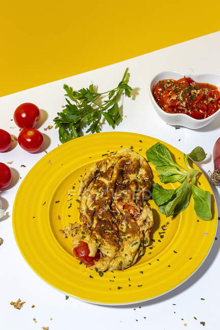 Deliciosa omelete com salsa picada na placa contra o sol tomates secos e cebola vermelha crua no fundo branco e amarelo — Fotografia de Stock
