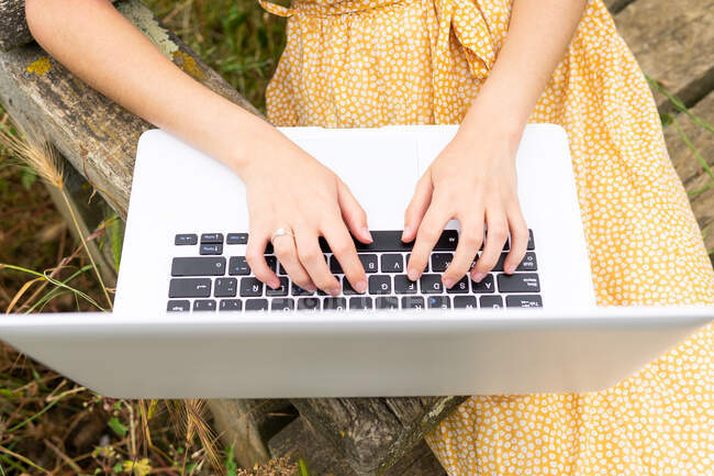 From above of crop anonymous female freelancer browsing netbook while sitting on bench in summer park and working remotely on project — Stock Photo