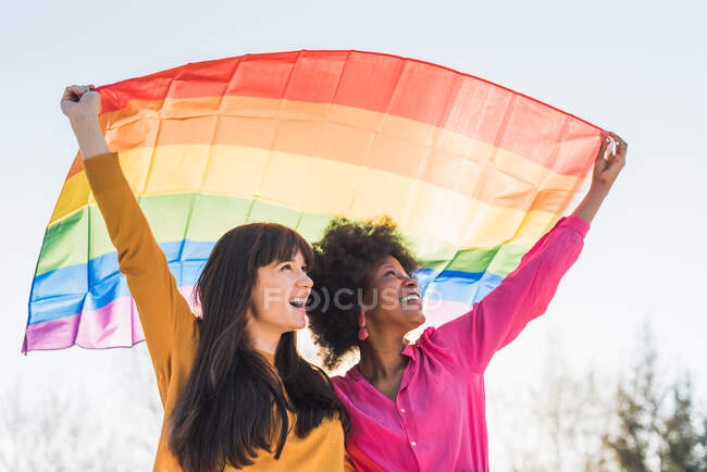 Contenido pareja multirracial de mujeres lesbianas de pie con la bandera del arco iris LGBT en brazos levantados en el día soleado en la calle - foto de stock
