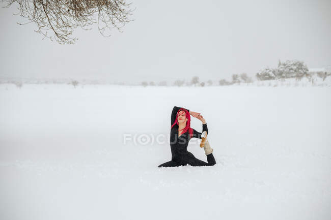 Сіра самиця з рожевим волоссям сидить в Ека-пада-Раджа-Капотасана на сніжному зимовому полі і практикує йогу. — стокове фото
