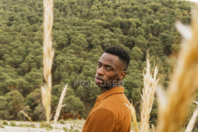 Beau mâle afro-américain debout dans un champ sec en été et regardant la caméra — Photo de stock