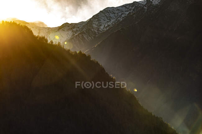 Paysage à couper le souffle de bois de conifères situés dans les montagnes enneigées de l'Himalaya par une journée ensoleillée au Népal — Photo de stock