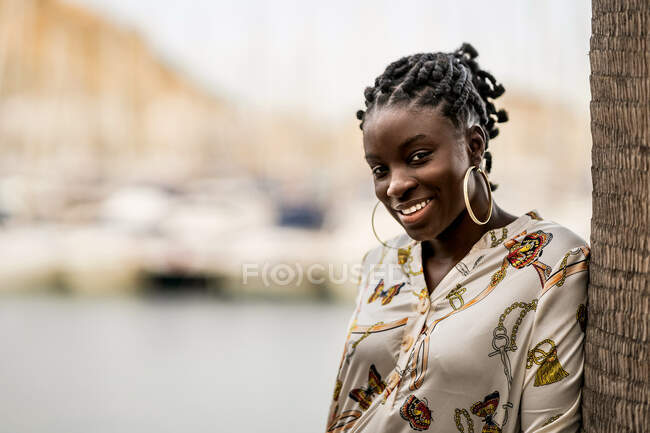Stylish pensive beautiful African American lady with African braids seriously looking at camera in park — Stock Photo