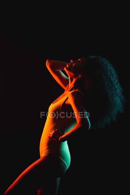 Side view of young African American female in underwear with hand on waist touching curly hair while looking away — Stock Photo