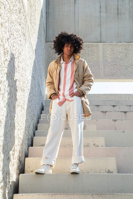 From below African American male in vintage coat with Afro hairstyle standing on stairs while looking at camera — Stock Photo