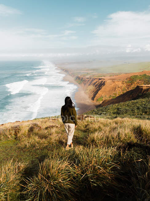 Позаду жінки, що стоїть на самоті на високій скельній луці Національного узбережжя Пойнт - Реєс, спостерігаючи за величним видом на океан у Каліфорнії. — стокове фото