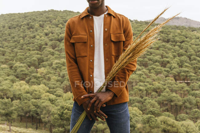 Cultivé mâle afro-américain méconnaissable avec un bouquet de blé séché debout dans la nature — Photo de stock