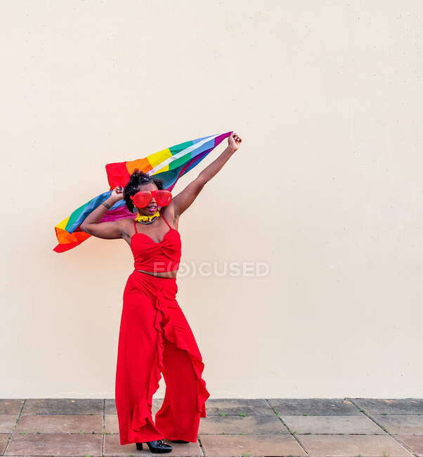 Stylish African American female in trendy clothes and glasses with colorful flag looking at camera during celebration — Stock Photo