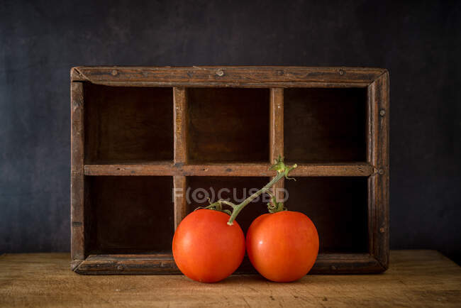 Ramo di pomodori freschi posto su tavolo di legno su sfondo scuro in studio — Foto stock